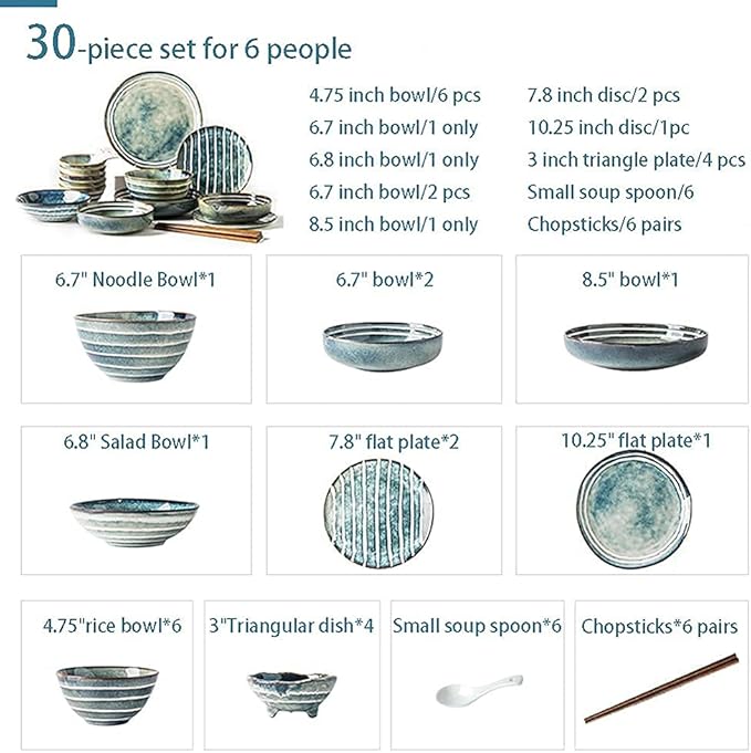 Retro Style Dinnerware Sets, Striped Art Style Plate and Bowl Sets, Japanese Ceramic Dishware Sets, Kitchen Plate Set for 4, 5, 6 People, Dishwasher and Microwave S (White 30Pcs)