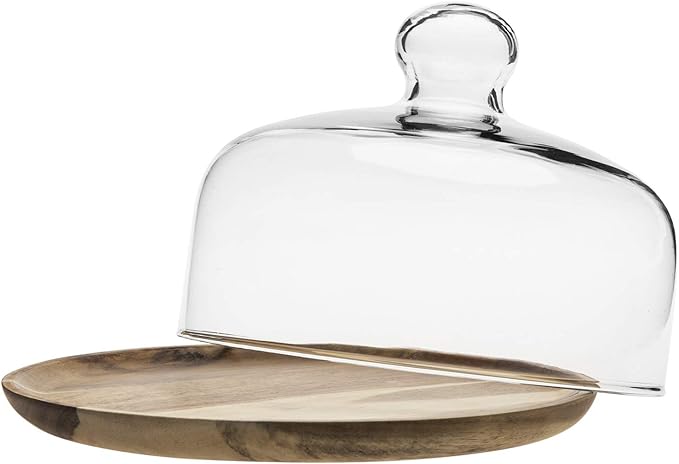 MyGift Cloche Dome Clear Glass Dessert Cheese Serving Tray 7.5 Inch Small Cake Cupcake Stand with Acacia Wood Base for Party Wedding