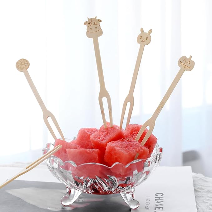 Bamboo Small Forks, 4.72 Inch 200 (4 Designs x 50) Appetizer Forks, Mini/Tiny Forks Dispoable Compostable for Charcuterie, Fruit, Desserts, Cocktail Parties, Wedding Snacks Bamboo Appetizer Picks
