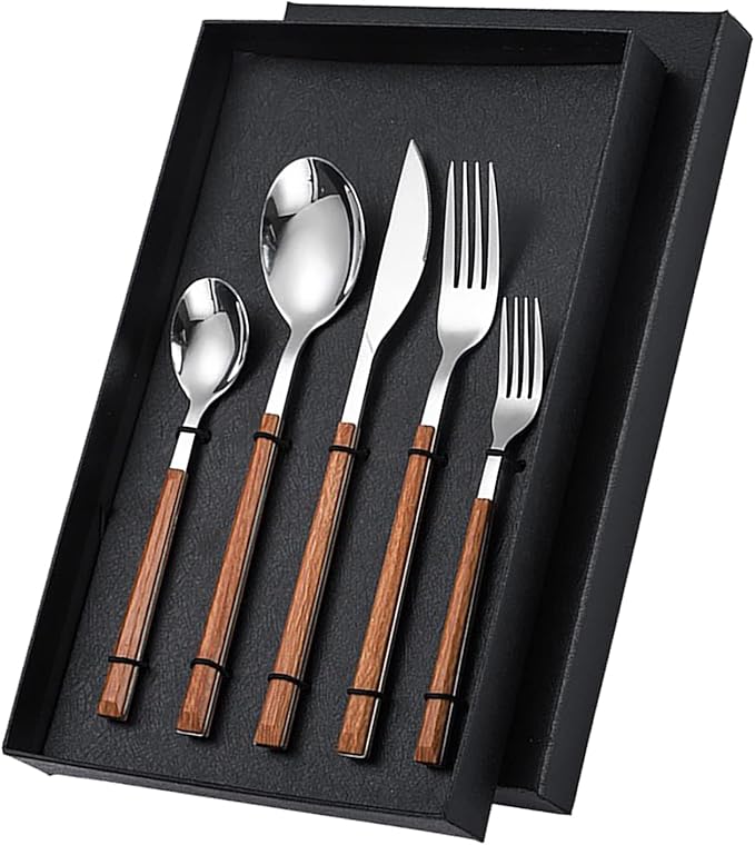 Stainless Steel Dinner Cutlery Set Elegant Flatware Serving Utensils 5 Pieces for Family Gatherings Wedding Picnics, Solid Stainless Steel (Wood Grain Handle)