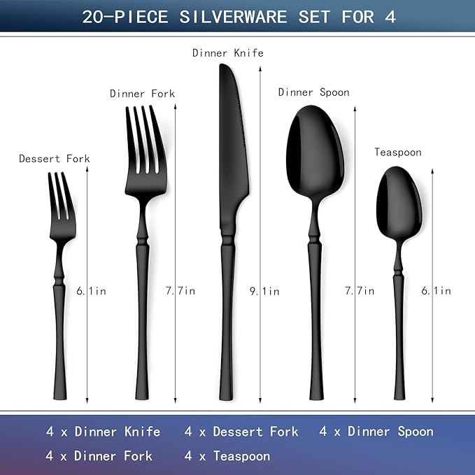 20-Piece Silverware Set Luxury Stainless Steel Small Waist Cutlery Set for 4 Vintage Style Flatware Set for Home Kitchen, Mirror Polished, Dishwasher Safe