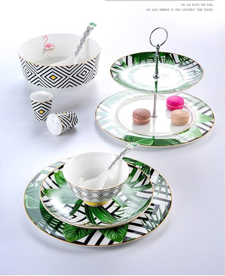 56-Piece 24K Gold Floral Design Dinnerware Set Nordic Ceramic Combi-Set Porcelain Tableware Set of Bowls/Dessert Plates/Soup Plates/Dinner Plates