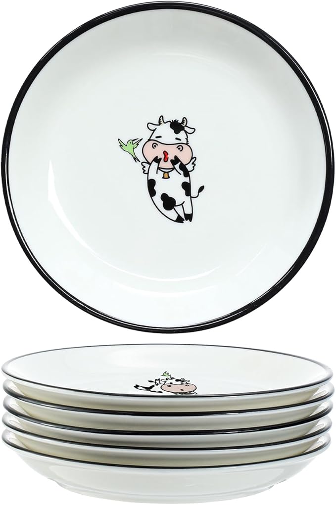 Funny Cartoon Cow Bird Pattern Ceramic Sauce Dishes, Seasoning Dishes, Sushi Soy Dipping Bowls, Appetizer Plates, Dessert Plates, Little Cat Bird Feeding Bowls, Set of 6-Colorful-5 Inch