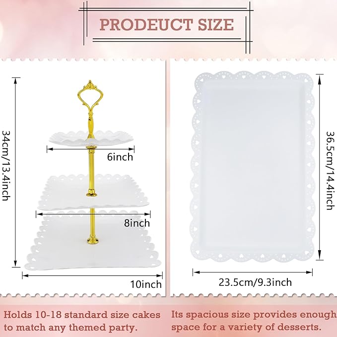 5 Pcs Cupcake Stand Set, Dessert Table Display Set with 2xSquare 3-Tier Cake Stands Holder + 3x Appetizer Trays Suitable for Birthday Wedding Tea Party Baby Shower (White, Lace Hole Square)