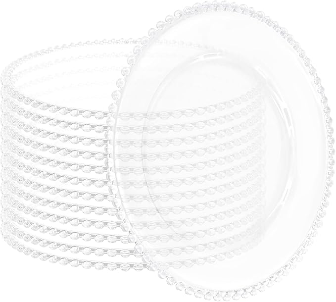 12 Pack Clear Charger Plates with Beaded Rim, 13 Inch Plastic Chargers for Dinner Plates Acrylic Round Tabletop Decoration for Home Kitchen Catering Wedding Table Event Party Dinner (Clear)