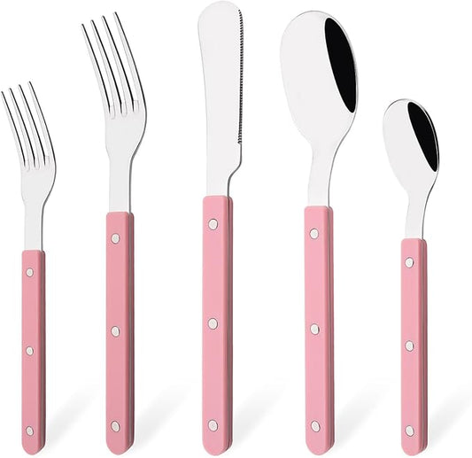 5 PCS Stainless Steel Flatware Set for 1, Silverware Set with Colored Handles, Retro Style Forks Spoons and Knives Set, Vintage Eating Utensils, Pink Acrylic Handle with Rivets Design