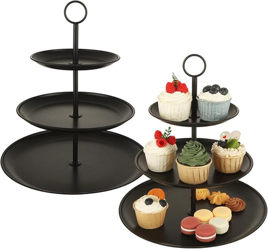 2 Pack Black Cupcake Stands, Large Stainless Steel 3 Tier Serving Tray, Tiered Dessert Stand Cup Cake Tower for Party, Birthday, Wedding