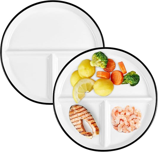OMISTAR 2 Pcs Portion Control Plates, 9.3" Ceramic Divided for Adults, Porcelain Dinner Diet, White for Balanced Meals, Diabetes and Weight Loss