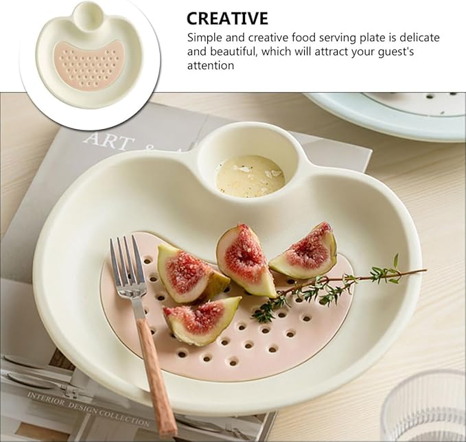 Luxshiny Ceramic Dipping Plate Dumpling Serving Tray Sauce Compartment Oval Shape Kitchen Plate