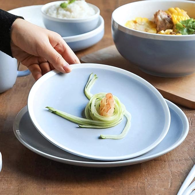 Elegant China Dinnerware Set,Dinner Plate Ceramics Dinner Sets, 38 Pieces Matte Blue and White Border Porcelain Combination Set Bowl Dish Mug | Nordic Style Hotel Dinnerw