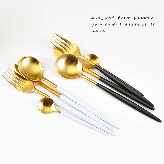 Lots 4pcs 304 Stainless Steel Tableware Dinner Spoon Fork Knife Flatware Serving Sets Spoons Forks Knives，White + Gold-4