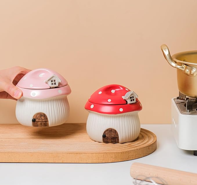 Ceramic Sugar Bowl with Lid & Spoon, Cute mushroom house design. Porcelain Seasoning Storage Jar, 14 Ounces. (Pink)