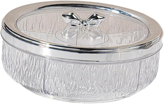 Food Serving Tray Container Rotatable Compact Dustproof Transparent Snack Platter Dried Fruit Plate for Dining Room New Year, silver Bow