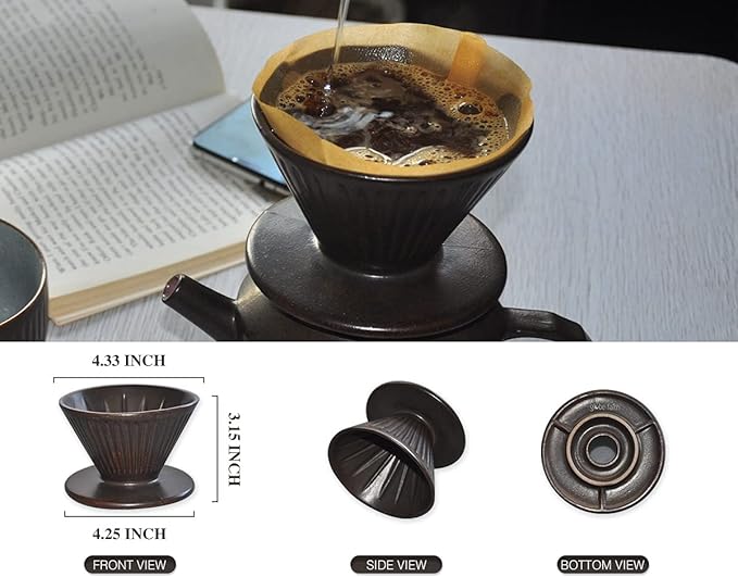 Pottery Pour Over Coffee Maker, Ceramic Cone Filter Hand Drip Coffee Dripper, Reusable Stoneware Pourover Coffee Brewer, Size 02 (Rustic Chocolate Brown)