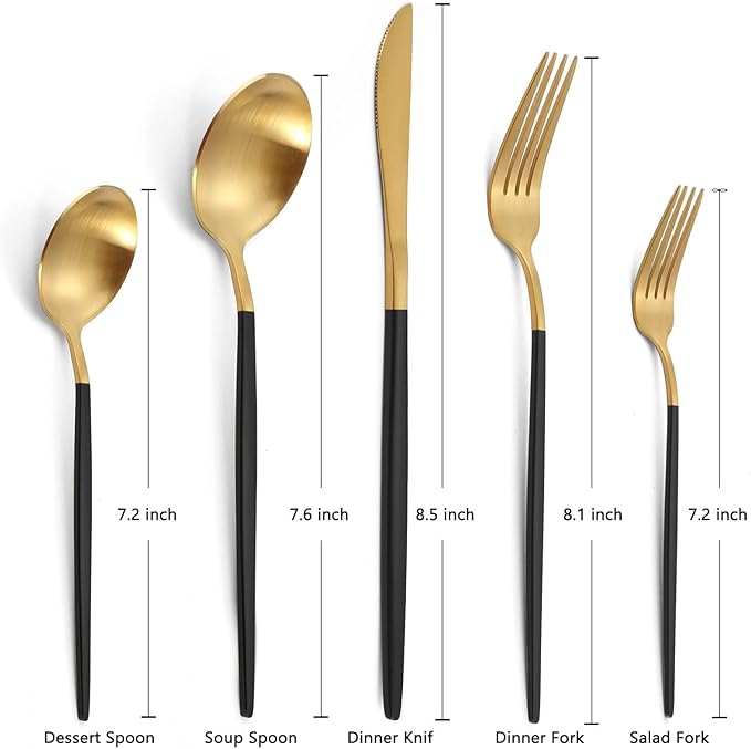 Matte Gold Silverware Set With Black Handle, LAZAHOME Stainless Steel Flatware Cutlery Set Service for 8, 40-Piece Kitchen Utensil Set Include Spoons And Forks Set, Dishwasher Safe.