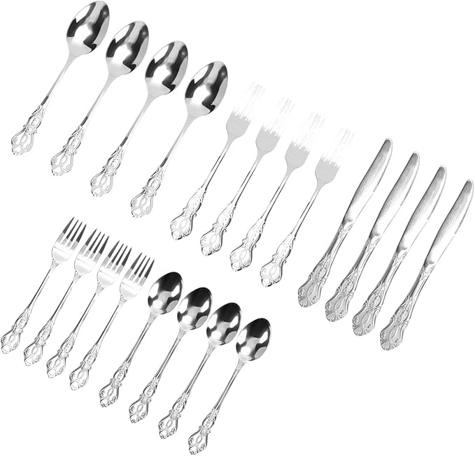 Zerodis Vintage Silverware, Serving Sets Set With Knife Fork Spoon Silver, 20 Piece Silverware Service For 4, Flatware For Home And Kitchen, Dishwasher Safe Vintage, (Silver)