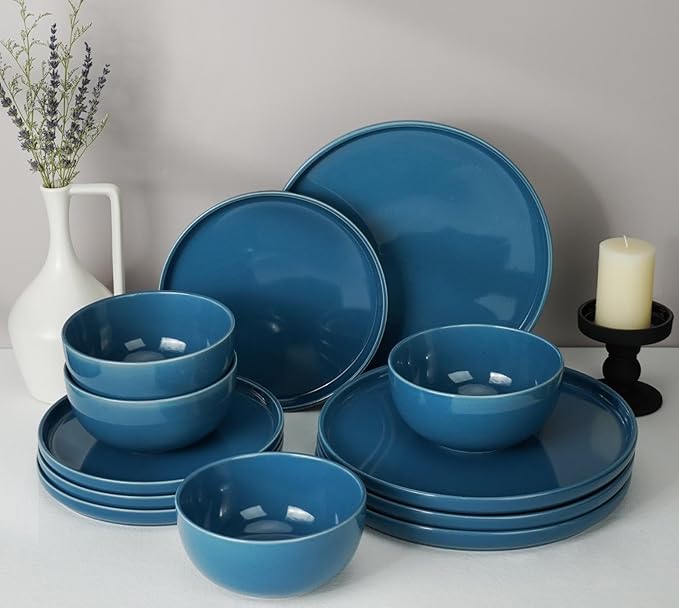 Kitchen Plates and Bowls Set Dinner Set for 4 Handpainted Dinner ware Sets, Microwave Safe Plates and Bowls Sets Stone Plate Scratch Resistant (Ocean Abyss)