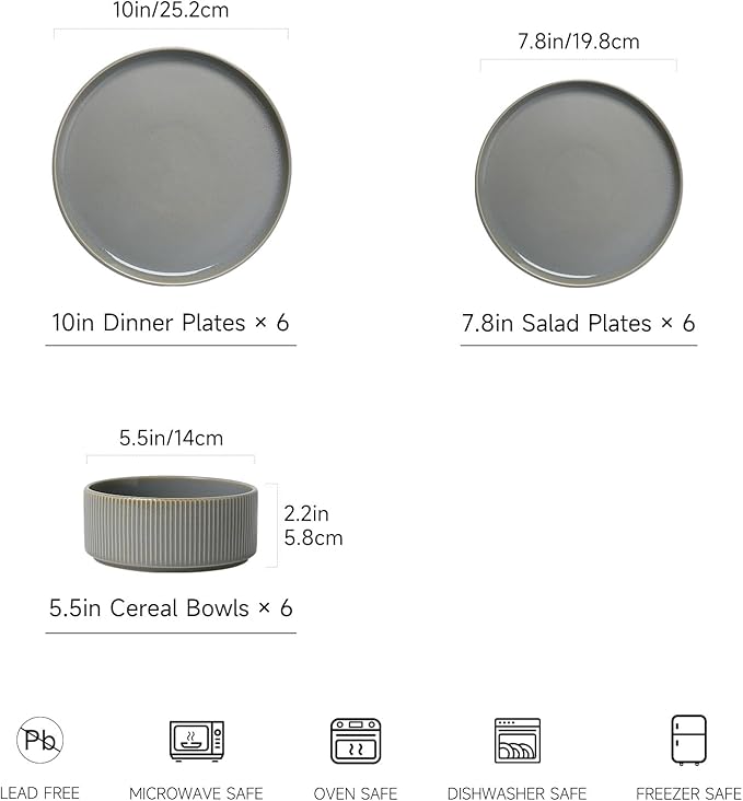 MONITO Ceramic Dinnerware Sets for 6, 18PCS Stoneware Plates and Bowls Sets, Reactive Glaze Dish Set, Chip and Scratch Resistant Double, Microwave and Dishwasher Safe, Sage Mist