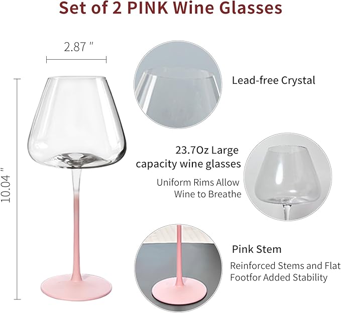 Crystal Wine Glasses Set of 2 with Gift Box. Dishwasher Safe. 24oz Large Pink Wine Glasses with Long Stem for Women.Hand-Blown,Thin Rim. Gift for Wife,Girlfriend,Mom.Unique & Modern Design