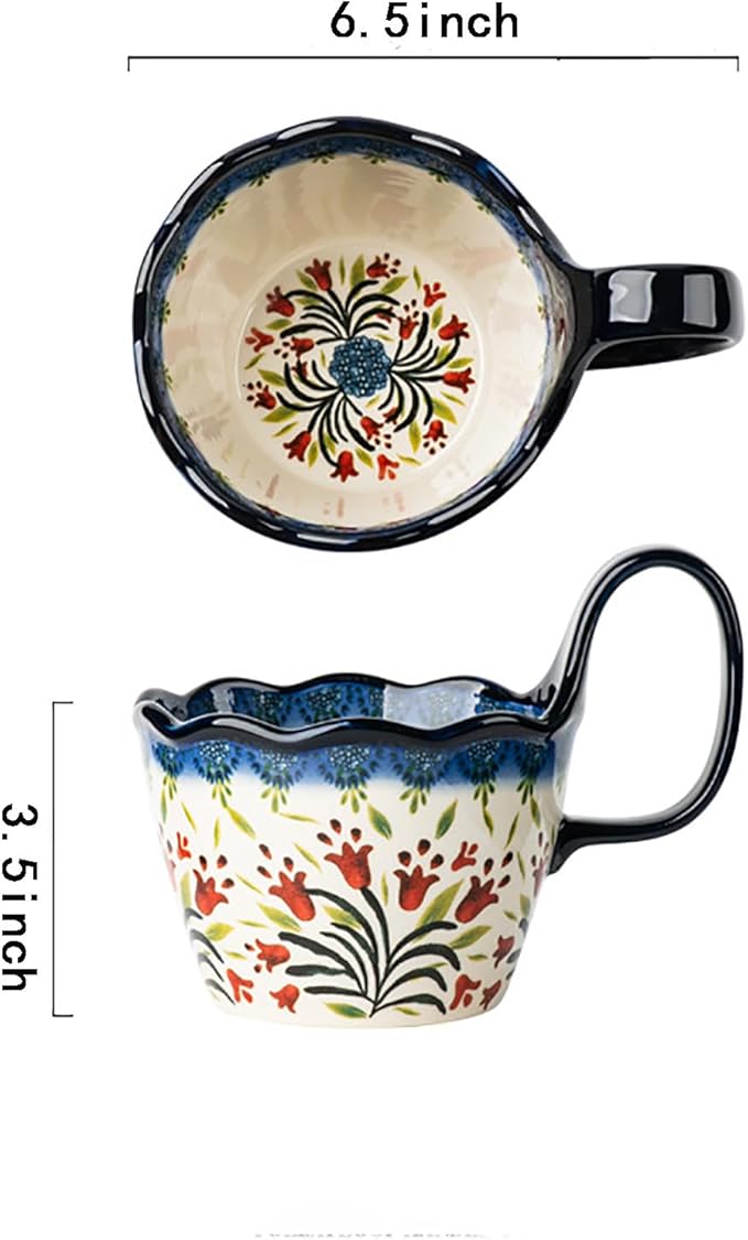 OZY Handpainted Soup Bowl with Handle,Ceramic Cereal Bowl Great for Soup, Ice cream, Fruits,Snack,Microwave &Dishwasher Safe (Polish Red Flower)