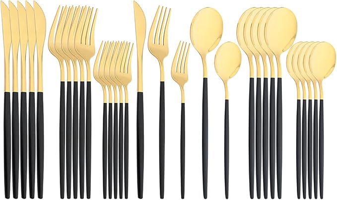 30-Piece Snplowum Mirror Flatware Serving Set, 18/0 Stainless Steel Dinnerware With Black Handle, Modern Durable Home Kitchen Eating Tableware Set Service For 6 (Black Gold)