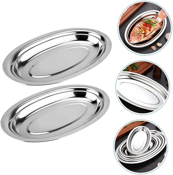 2Pcs Stainless Steel Oval Plates for Steaming Fish and Snacks Home Snack Dish Easy to Clean Restaurant Pastry Plate Silver Serving Tray