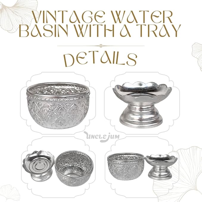 Thai Buddhism Bowl & Tray with Embossed Patterns, Silver Aluminum, Vintage Collection (8 CM)