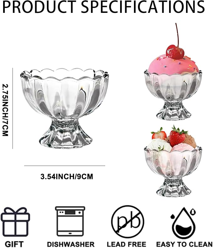 Vintage Glass Dessert Bowls, Ice Cream cups, 5oz Dessert cups, for Sundae, Fruit, Ice Cream, Pudding, small snacks,Condiment (18)