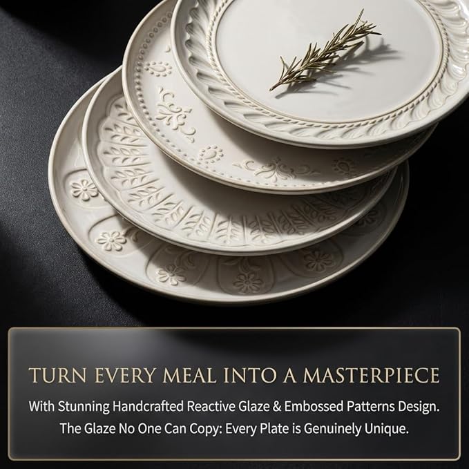 Artena Large Ceramic Dinner Plates Set Of 4, 10.75 Inch Embossed Kitchen Salad Plates, Modern Serving Plates For Restaurant, Plates With Lipped Edges, Microwave Dishwasher Safe (Pinwheel Flower)