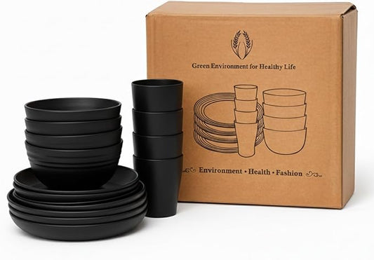 16 PCS Wheat Straw Dinnerware Set, Unbreakable Plates Bowls Cups for 4, Lightweight Microwave & Dishwasher Safe Tableware, Reusable Kitchen Set for Camping, Picnic, RV, Family Use (Black)