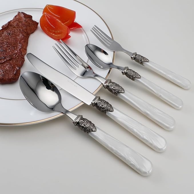 REVERIE Collection 18/10 Stainless Steel Vintage Flatware set,Sliverware set,Dishwasher safe (40, Pearl White)