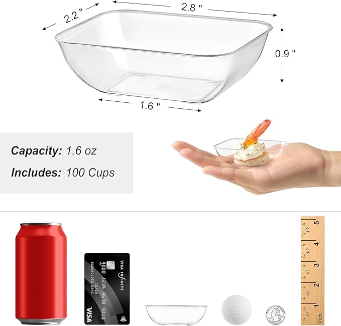 Zezzxu 100 Pack 1.6 oz Mini Dessert Cups, Clear Plastic Reusable Small Rectangle Party Serving Tiny Bowls for Individual Appetizers, Trifle, Cheesecake, Hors D'oeuvres