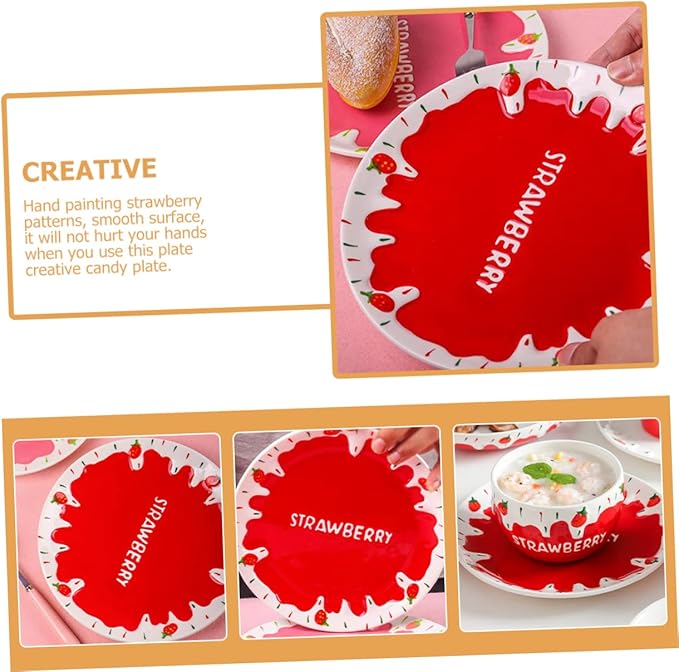 Strawberry Ceramic Plate Deep Snacks Dish for Home Restaurant Elegant Brunch Dinner Serving Premium Quality Kitchen Food Dish for Desserts Fruits