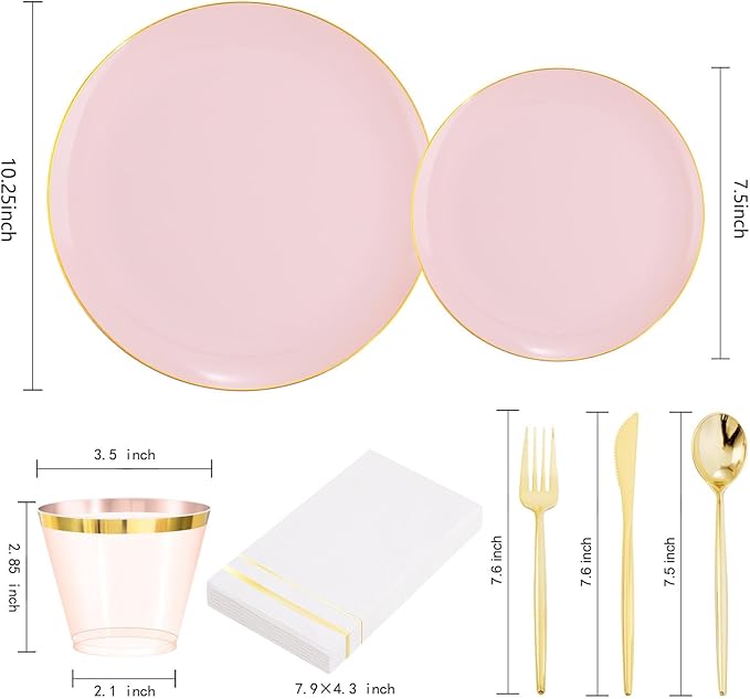 MirthMood 350PCS Pink Plastic Plates with Gold Rim – Plastic Plates Set Includes 50 Dinner,50 Dessert Plate,50 Cup&50 Napkins 150 Gold Silverware for Wedding&Birthday Parties&Valentine's Day