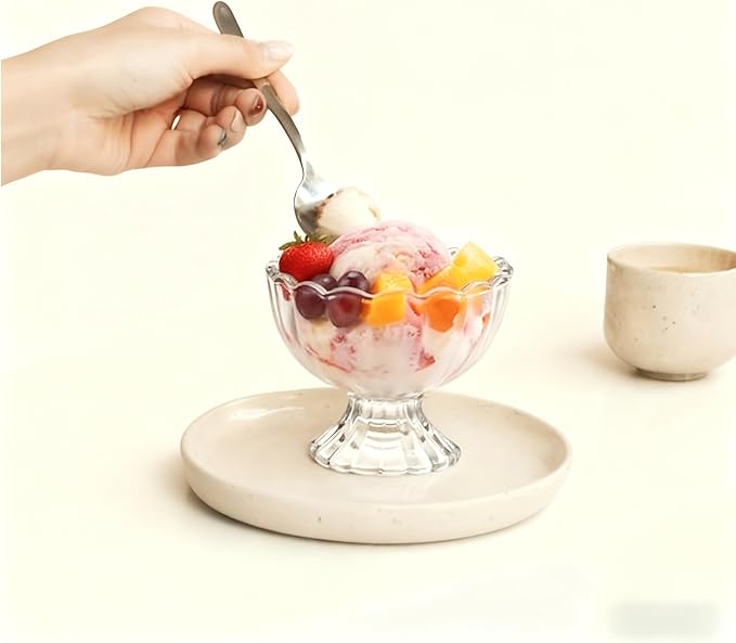 6 Pack 5oz Glass Ice Cream Bowls Set, Thickened Clear Dessert Cups with Heavy Base, Scalloped Pedestal Bowls for Sundaes, Parfaits, Fruits & Snacks, Elegant Reusable Design