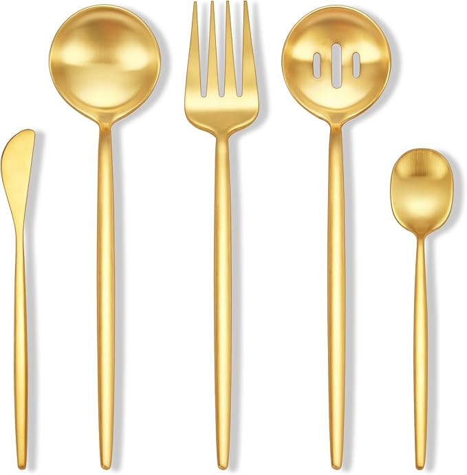 Stapava 5-Piece Matte Gold Serving Utensils Set, Stainless Steel Large Hostess Serving Set for Buffet Party Kitchen Restaurant, Satin Finish, Dishwasher Safe