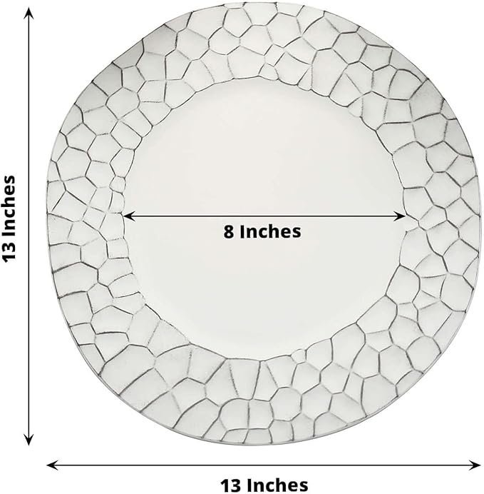 Efavormart 6 Pack | 13" Matte White Plastic Hammered Rim Dinner Charger Plates, Decorative Disposable Irregular Round Serving Plates