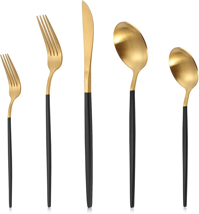 Matte Gold Silverware Set With Black Handle, LAZAHOME Stainless Steel Flatware Cutlery Set Service for 8, 40-Piece Kitchen Utensil Set Include Spoons And Forks Set, Dishwasher Safe.