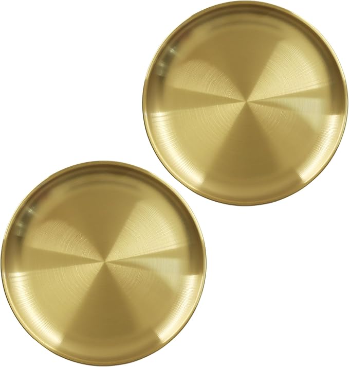 Piutouyar 2 Pcs 20 cm / 7.87 Inch Round Serving Tray, Stainless Steel Circular Metal Platter, Decorative Tray Gold Dinner Dishes for Kitchen, Bathroom, Home