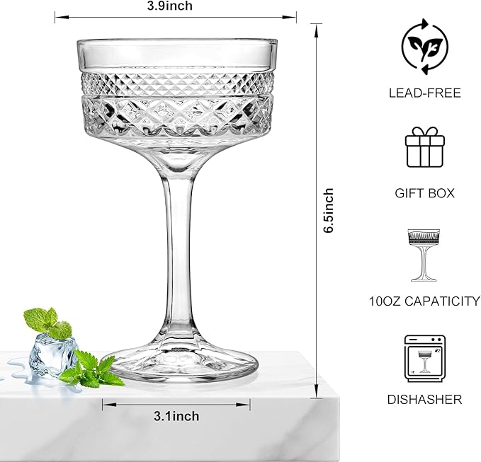 Whisquor 4Pcs Coupe Glasses, 10oz Vintage Martini Glasses Set, Lead-free Crystal Coupe Cocktail Glass, Martini Glassware for Espresso, Champagne, Cosmopolitan, Manhattan