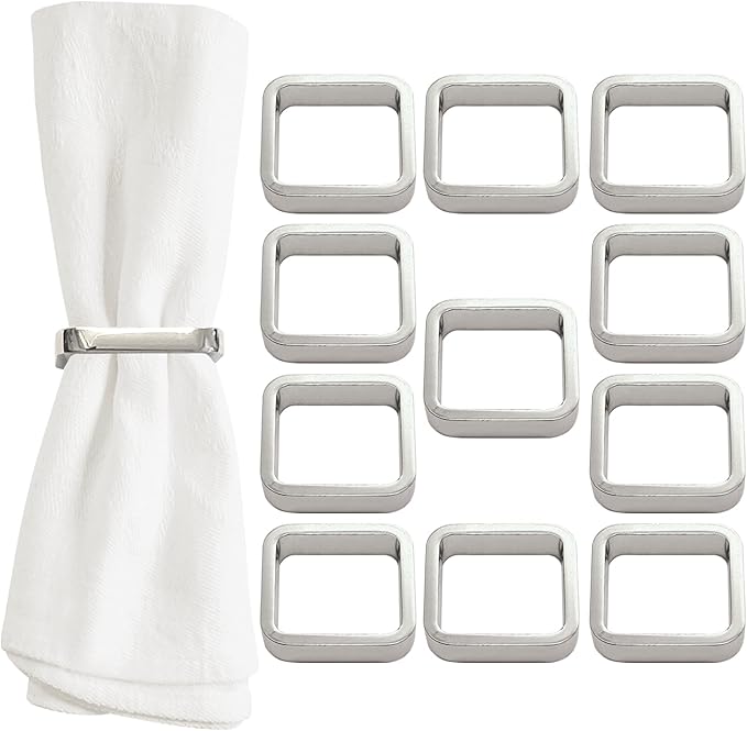 Shiny Silver Napkin Rings Set of 12, Zinc Alloy Square Style, Modern Cuff Design for Wedding Party Decorations, Kitchen, Holiday Table,Rust Proof,Hotel, Home, Table Accessories for Dining