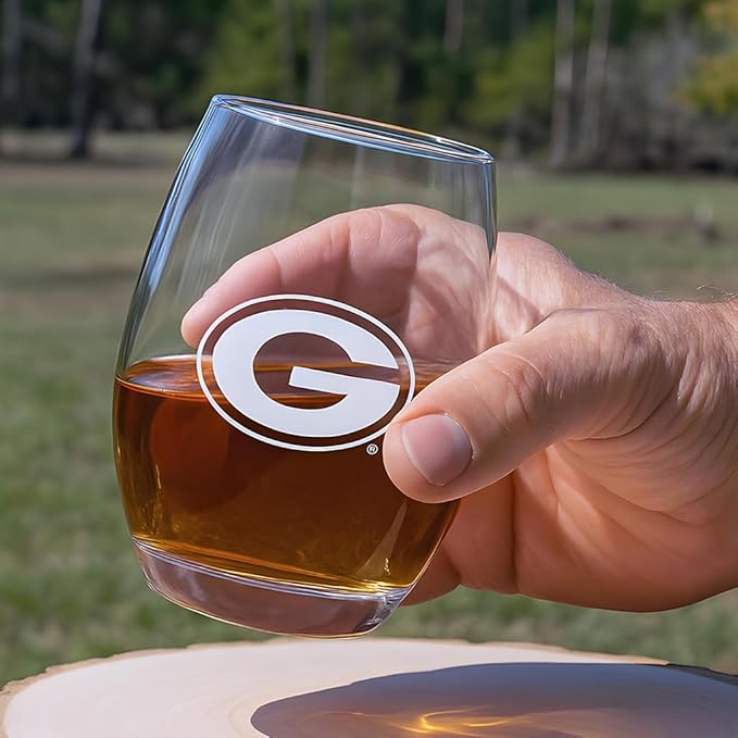 Georgia Bulldogs Satin Frost Stemless Wine Glass Set – Official Clear Glass with White Logo – Heavy-Duty Made in USA Drinkware – Dishwasher Safe – Set of Two, 15 oz