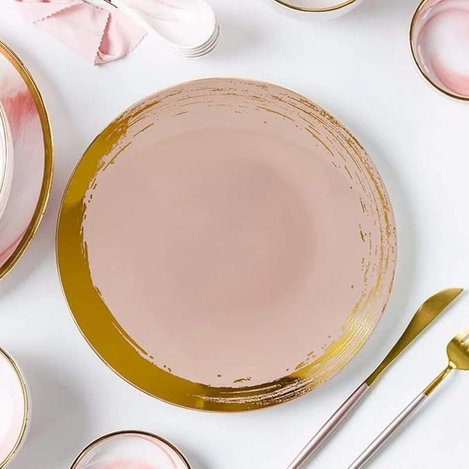 SILVER SPOONS Gold Brush Stroke Rimmed Plastic Dessert Plates for Party (10 PC) Heavy Duty Disposable Dinner Set 7.5", Fine China Look Dishes for Baby Showers, Celebrations & Events - Blush