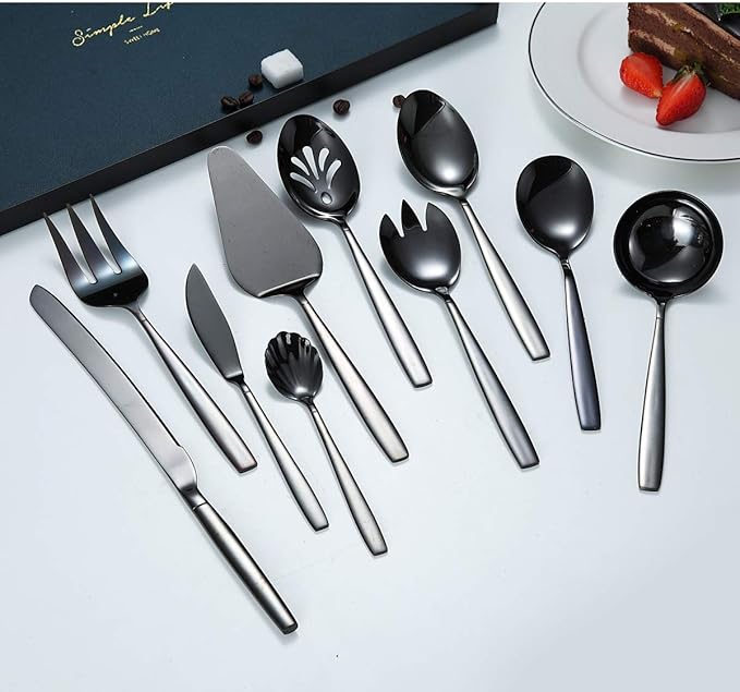 Berglander Black Serving Utensils 10 Pieces, Titanium Plating Serving Spoons, Included Cake Knife Cake Server Serving Forks Sugar Spoon Salad Spoon Forks Butter Knife Gravy Ladle ect.