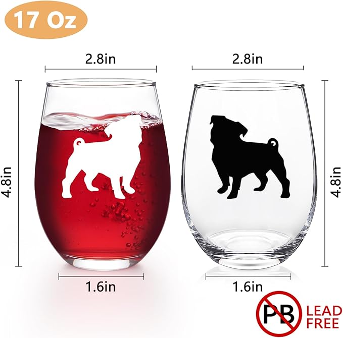 Futtumy Pug Wine Glasses Set of 2, Pug Gifts for Pug Lovers, Pug Gifts, Dog Lovers Gifts for Women, Gifts for Dog Lovers for Christmas Birthday Mother's Day, 17Oz Wine Glass for Women
