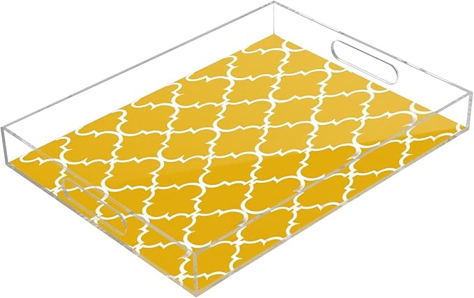 Serving Tray with Handles Clear Acrylic Tray 12x16 Inch Decorative Rectangular Tray Organizer for Ottoman Coffee Table Bathroom Yellow Quatrefoil