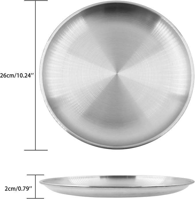 304 Stainless Steel Plates,Silver Round Dinner Dishes,Feeding Serving Camping Plates,Reusable Dinner Plates,Durable Metal Plates, Double Walled Plates for Picnic BBQ Steak 6PCS,26cm/10.24''