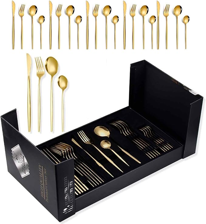 Serving Set Stainless Steel Tableware for 24 PCS, Mirror Polished, Slim Handle Serving Set for 6 for Formal Events, Parties, Food Barbeque, Dishwasher Safe(Gold,C)