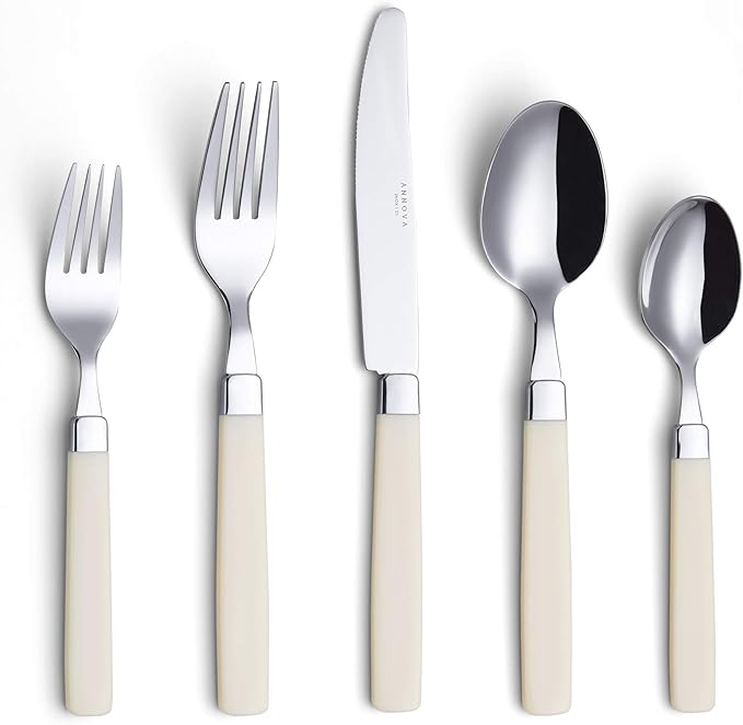 ANNOVA Silverware Set Stainless Steel Colorful Tableware Kitchen Flatware Set Utensils, Includes Dinner Knives, Forks, Spoons, Salad Forks & Dessert Spoons (Cream, 20 Pieces)