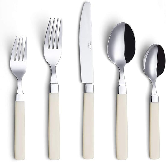 ANNOVA Silverware Set Stainless Steel Colorful Tableware Kitchen Flatware Set Utensils, Includes Dinner Knives, Forks, Spoons, Salad Forks & Dessert Spoons (Cream, 20 Pieces)